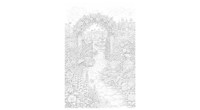 風景の塗り絵『花咲くガーデンアーチ』【大人の塗り絵-図柄の無料ダウンロード】- 印刷・商用利用可